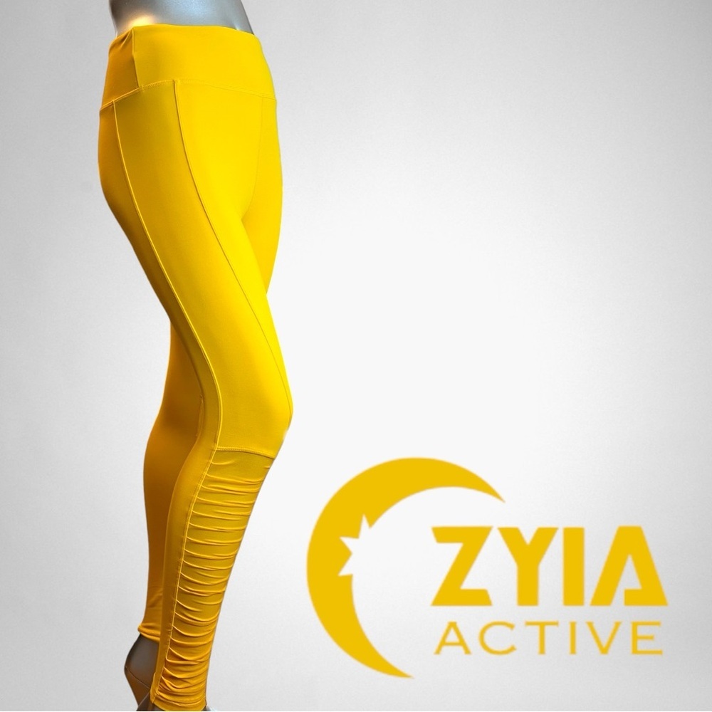 ZYIA Active Yellow Daffodil Mesh Rushed Ruffled Light N Tight Leggings Size 6-8 - Picture 2 of 9